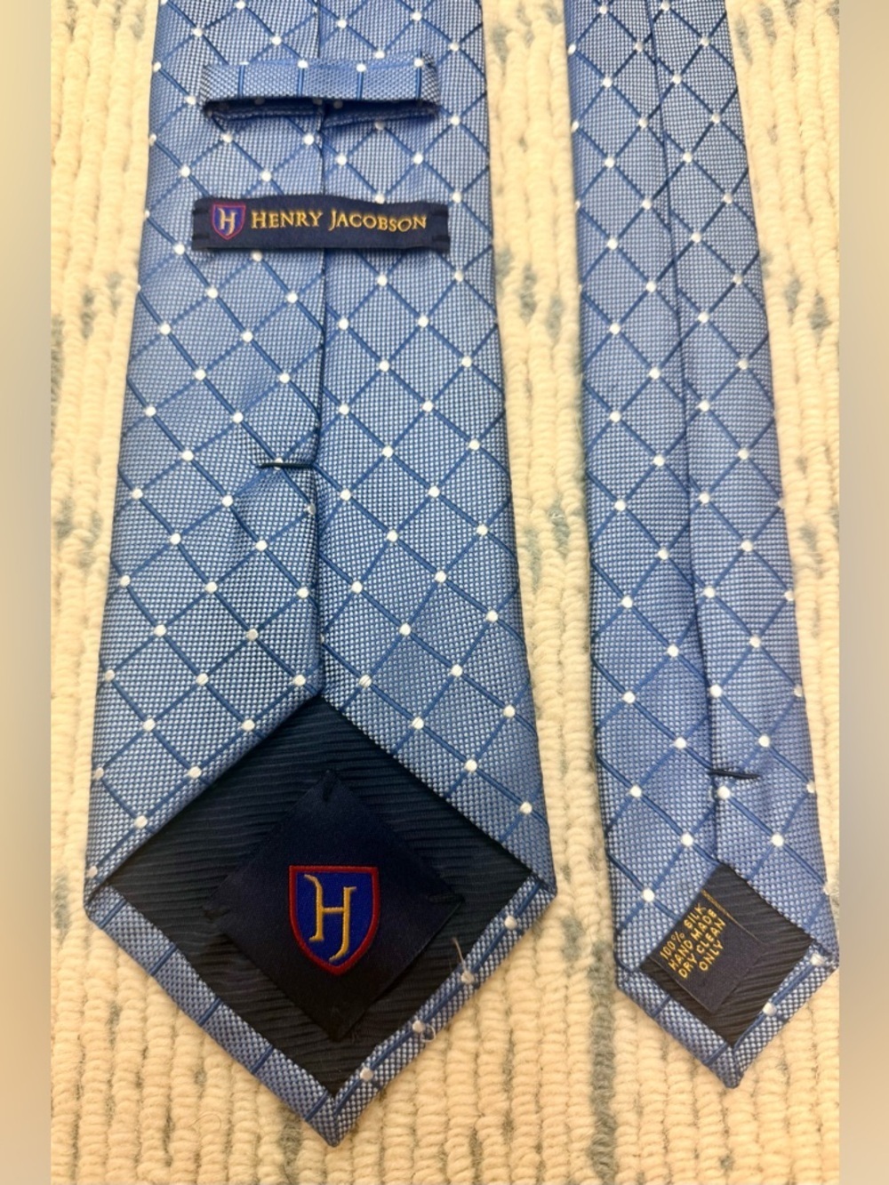 HENRY JACOBSON 100% Silk Handmade Blue Diamond Geometric Pattern Men’s Necktie - Picture 11 of 12